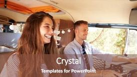  Presentation with happy camper - Amazing theme having happy couple driving a camper van on a road trip vacation backdrop and a tawny brown colored foreground