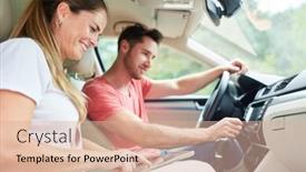 Presentation with system computer - Beautiful slide deck featuring happy couple driving in car using tablet computer as navigation system backdrop and a coral colored foreground