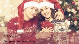  Presentation with snow tree - Amazing presentation design having happy couple embrace near christmas tree and decoration at home winter holiday and love concept yellow toned with snow backdrop and a violet colored foreground