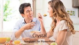  Presentation with kitchen equioment and utilises - Presentation design having happy couple enjoying breakfast background and a coral colored foreground
