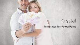  Presentation with cash - Presentation theme having banking front view light - happy couple flashing their cash background and a light gray colored foreground