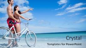  Presentation with bike - Cool new PPT layouts with happy couple going on a bike ride at the beach backdrop and a light blue colored foreground