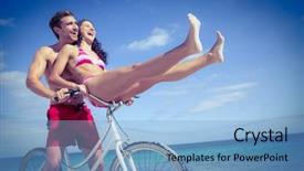  Presentation with bike - Beautiful PPT theme featuring happy couple going on a bike ride at the beach backdrop and a light blue colored foreground