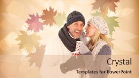  Presentation with hot tea - Presentation theme featuring happy couple gossiping while drinking hot tea against autumnal leaf pattern in warm tones background and a lemonade colored foreground