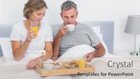  Presentation with breakfast - PPT layouts with happy couple having breakfast in bed together at home in bedroom background and a coral colored foreground