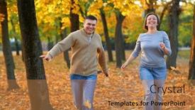  Presentation with bright yellow - Audience pleasing presentation theme consisting of happy couple having holiday in autumn city park man and woman running smiling playing and having fun bright yellow trees and leaves backdrop and a coral colored foreground