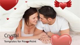  Presentation with love heart - Amazing slides having happy couple hiding under a blanket against love heart pattern backdrop and a coral colored foreground