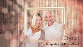 Presentation with picture frame - Slides featuring happy couple holding a picture frame against light circles on black background background and a coral colored foreground
