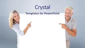  Presentation with poster - Slide set consisting of happy couple holding and pointing to large poster against grey vignette background and a sky blue colored foreground