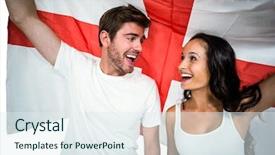  Presentation with england flat - Colorful slides enhanced with happy couple holding england flag backdrop and a sky blue colored foreground