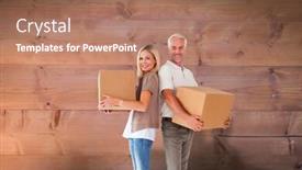  Presentation with bleached - Amazing presentation theme having happy couple holding moving boxes against bleached wooden planks background backdrop and a coral colored foreground