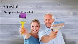  Presentation with bleached - Slide deck featuring happy couple holding paintbrushes smiling at camera against bleached wooden planks background background and a light gray colored foreground