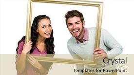  Presentation with antique picture frame - Slides featuring happy couple holding picture frame background and a coral colored foreground