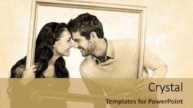  Presentation with picture frame - Colorful PPT theme enhanced with happy couple holding picture frame against grey background backdrop and a yellow colored foreground