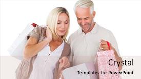  Presentation with shopping - Colorful theme enhanced with happy couple holding shopping bags on white background backdrop and a soft green colored foreground