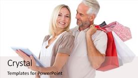  Presentation with shopping - Theme consisting of happy couple holding shopping bags and looking at tablet pc on white background background and a soft green colored foreground