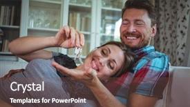  Presentation with work happy hour - Beautiful PPT theme featuring happy couple holding their house backdrop and a  colored foreground