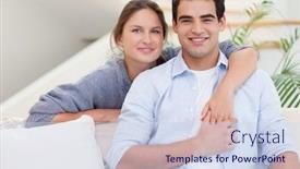  Presentation with camera - PPT theme featuring happy-couple-hugging-while-looking background and a sky blue colored foreground