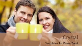  Presentation with toasting - Beautiful PPT theme featuring happy couple in a fall park toasting with tea backdrop and a coral colored foreground