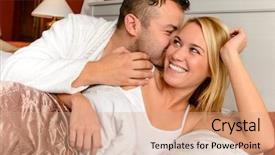  Presentation with couple kiss - Colorful presentation theme enhanced with happy couple in bed man giving kiss woman cheek backdrop and a coral colored foreground