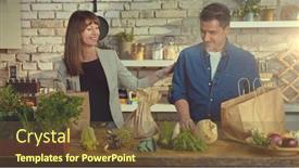  Presentation with grocery - PPT theme having happy-couple-in-the-kitchen background and a tawny brown colored foreground