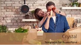  Presentation with grocery - Beautiful PPT theme featuring happy-couple-in-the-kitchen backdrop and a coral colored foreground