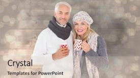  Presentation with design fashion - Beautiful presentation featuring happy couple in winter fashion holding mugs against light glowing dots design pattern backdrop and a lemonade colored foreground