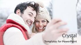  Presentation with happy holiday - PPT theme consisting of ski trip - happy couple in winter holiday background and a soft green colored foreground