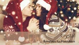  Presentation with couple kiss - Presentation featuring happy couple kiss near xmas tree and decoration at home winter holiday and love concept yellow toned background and a coral colored foreground