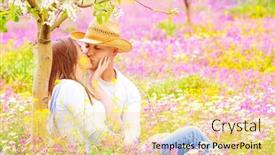  Presentation with family floral - Presentation enhanced with happy couple kissing outdoors young family having fun on floral field spending time together in summer garden love concept background and a blonde colored foreground