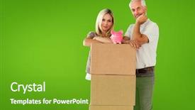  Presentation with green moving - Slides consisting of happy couple leaning on pile of moving boxes with piggy bank against green vignette background and a tawny brown colored foreground