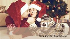  Presentation with happy holiday - Audience pleasing slides consisting of happy couple lie near xmas tree and decoration at home winter holiday and love concept yellow toned backdrop and a coral colored foreground
