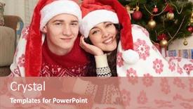  Presentation with happy holiday - Slide set with happy couple lie under blanket near xmas tree and decoration at home winter holiday and love concept background and a coral colored foreground