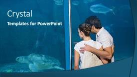  Presentation with fish aquarium - Colorful slide deck enhanced with happy couple looking at fish tank at the aquarium backdrop and a ocean colored foreground