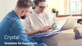  Presentation with photo album - PPT theme enhanced with happy-couple-looking-at-photo background and a ocean colored foreground