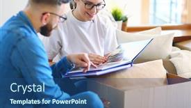  Presentation with photo album - Slide deck having happy-couple-looking-at-photo background and a ocean colored foreground