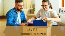  Presentation with album - PPT theme consisting of happy-couple-looking-at-photo background and a gold colored foreground