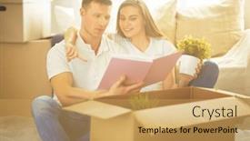  Presentation with photo album - PPT theme with happy-couple-looking-at-photo background and a  colored foreground