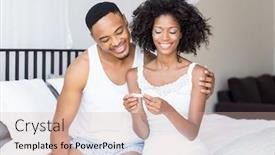  Presentation with pregnancy - Beautiful presentation theme featuring happy couple looking at pregnancy test on bed in bedroom backdrop and a soft green colored foreground