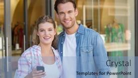  Presentation with mall - Colorful slide deck enhanced with happy couple looking at smartphone at the mall backdrop and a light blue colored foreground