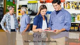  Presentation with hardware - Slide deck enhanced with happy couple looking at tool set in hardware store with people in background background and a coral colored foreground