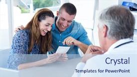  Presentation with baby medical - Colorful slide deck enhanced with happy couple looking at ultrasound scan of their baby in medical office backdrop and a sky blue colored foreground