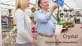  Presentation with blue - Beautiful PPT theme featuring happy couple looking at unusual blue plant in garden center backdrop and a coral colored foreground