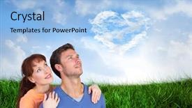 Presentation with upwards - Audience pleasing theme consisting of happy couple looking upwards against cloud heart backdrop and a light blue colored foreground