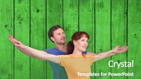  Presentation with upwards - Slides having happy couple looking upwards against bright green wooden planks background and a shamrock green colored foreground
