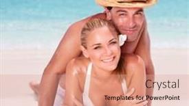  Presentation with honeymoon - PPT theme with happy couple lying down on the beautiful sandy beach enjoying each other spending honeymoon vacation summer activity concept background and a coral colored foreground