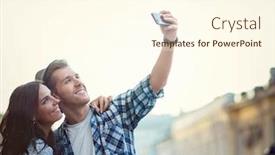  Presentation with selfie - Colorful presentation design enhanced with happy couple making selfie outdoors backdrop and a cream colored foreground