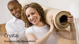  Presentation with new home - PPT theme enhanced with happy couple moving into new home carrying rug background and a coral colored foreground