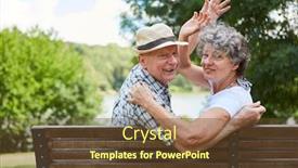  Presentation with seniors - Cool new presentation design with happy couple of seniors together on a park bench in summer or autumn backdrop and a tawny brown colored foreground