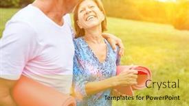  Presentation with gymnastics - Audience pleasing PPT theme consisting of happy couple of seniors while going for a walk in the park with gymnastics mat backdrop and a yellow colored foreground
